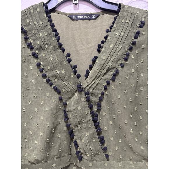 Zara Army Olive Green Swiss Dot Polka Dot Pom Pom Chiffon Mini Dress-Size: Large - Picture 2 of 9